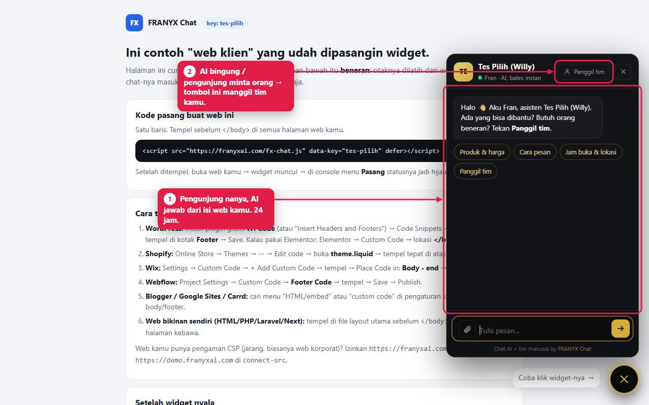 Widget terbuka: AI menjawab pengunjung, tombol Panggil tim untuk oper ke manusia