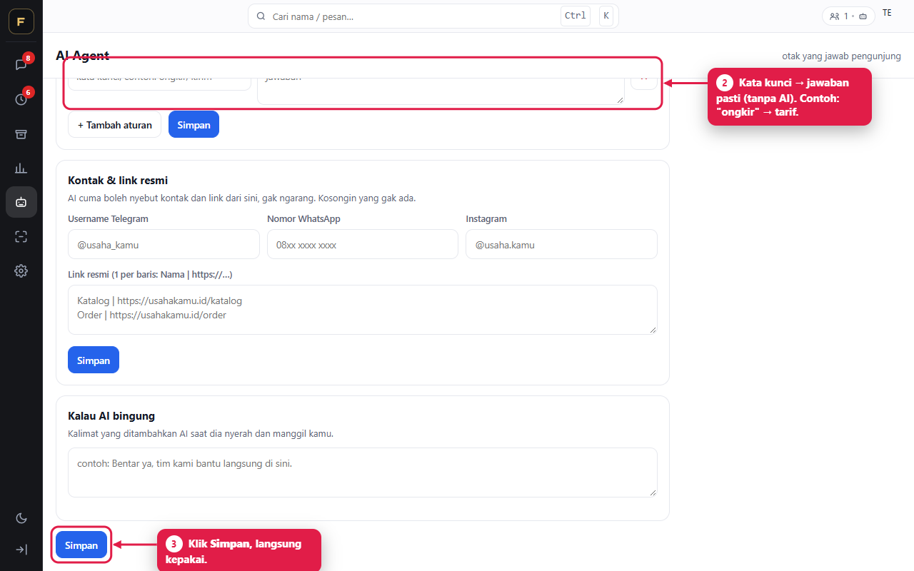 Console menu AI Agent: bahan tambahan, balasan otomatis kata kunci, tombol Simpan