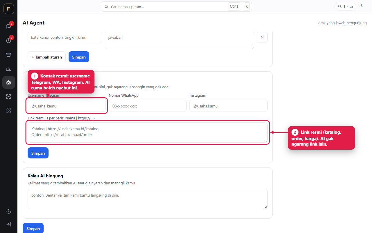 Console menu AI Agent: kontak resmi (Telegram, WhatsApp, Instagram) dan daftar link resmi