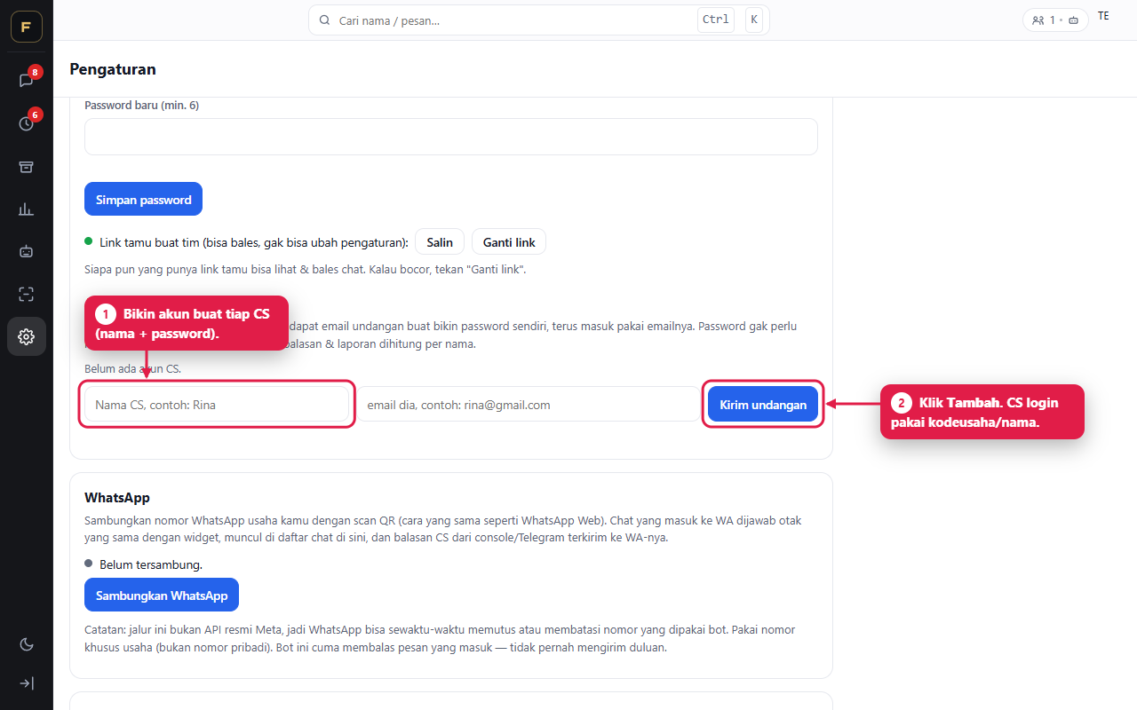 Console menu Pengaturan, Akun dan tim: membuat akun CS dengan nama dan password